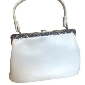 White Leather Top Handle Handbag | Silver Metal Leaf Detailing & Closure